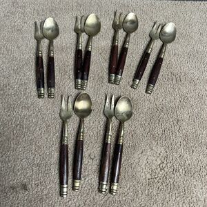 Vintage 6 Sets of Thailand Brass and Teakwood Dessert / Sherbet Spoons and Forks